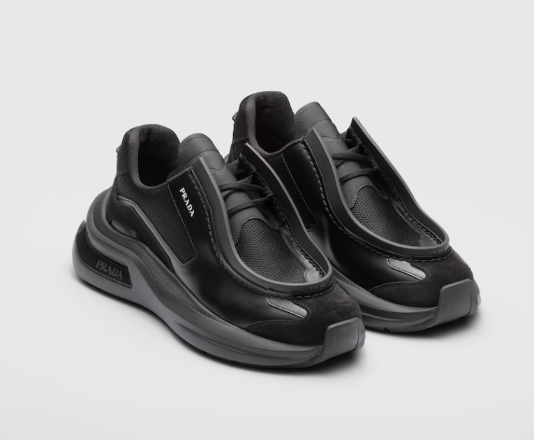 PRADA Systeme brushed leather sneakers with bike fabric and suede elements